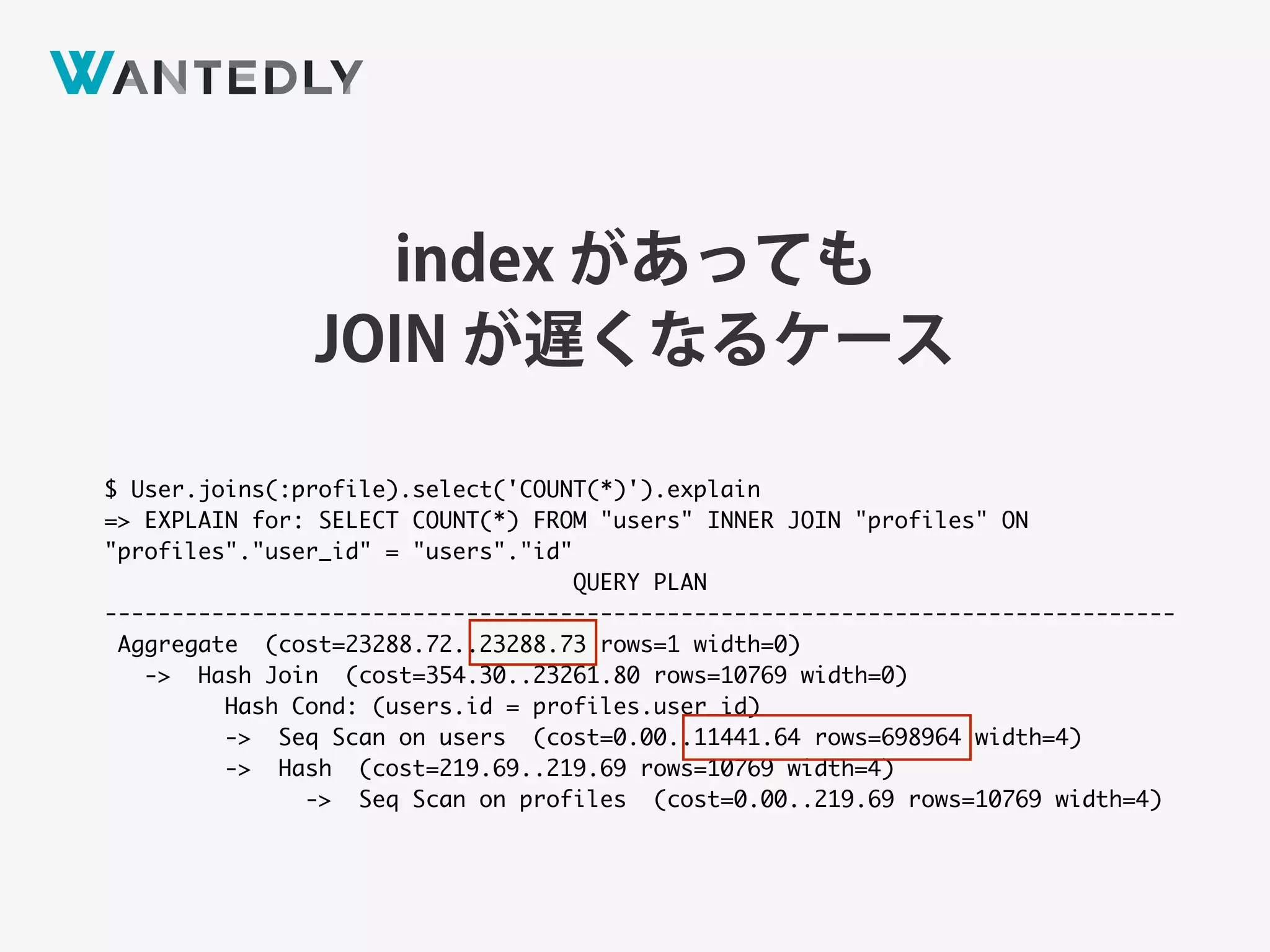 index があっても
JOIN が遅くなるケース
$ User.joins(:profile).select('COUNT(*)').explain
=> EXPLAIN for: SELECT COUNT(*) FROM "users" INNER JOIN "profiles" ON
"profiles"."user_id" = "users"."id"
QUERY PLAN
--------------------------------------------------------------------------------
Aggregate (cost=23288.72..23288.73 rows=1 width=0)
-> Hash Join (cost=354.30..23261.80 rows=10769 width=0)
Hash Cond: (users.id = profiles.user_id)
-> Seq Scan on users (cost=0.00..11441.64 rows=698964 width=4)
-> Hash (cost=219.69..219.69 rows=10769 width=4)
-> Seq Scan on profiles (cost=0.00..219.69 rows=10769 width=4)
 