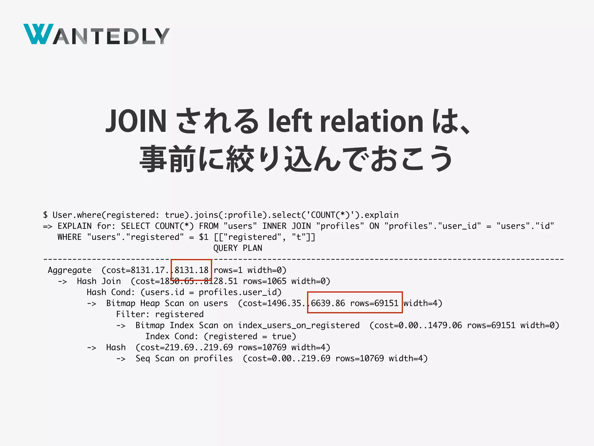 JOIN される left relation は、
事前に絞り込んでおこう
$ User.where(registered: true).joins(:profile).select('COUNT(*)').explain
=> EXPLAIN for: SELECT COUNT(*) FROM "users" INNER JOIN "profiles" ON "profiles"."user_id" = "users"."id"
WHERE "users"."registered" = $1 [["registered", "t"]]
QUERY PLAN
-----------------------------------------------------------------------------------------------------------
Aggregate (cost=8131.17..8131.18 rows=1 width=0)
-> Hash Join (cost=1850.65..8128.51 rows=1065 width=0)
Hash Cond: (users.id = profiles.user_id)
-> Bitmap Heap Scan on users (cost=1496.35..6639.86 rows=69151 width=4)
Filter: registered
-> Bitmap Index Scan on index_users_on_registered (cost=0.00..1479.06 rows=69151 width=0)
Index Cond: (registered = true)
-> Hash (cost=219.69..219.69 rows=10769 width=4)
-> Seq Scan on profiles (cost=0.00..219.69 rows=10769 width=4)
 