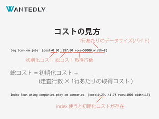 コストの見方
Seq Scan on jobs (cost=0.00..897.00 rows=50000 width=8)
Index Scan using companies_pkey on companies (cost=0.29..41.78 rows=1000 width=16)
初期化コスト 総コスト 取得行数
1行あたりのデータサイズ(バイト)
総コスト = 初期化コスト +
(走査行数 × 1行あたりの取得コスト )
index 使うと初期化コストが存在
 