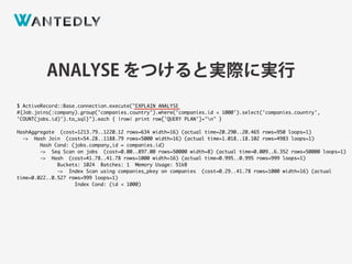 ANALYSE をつけると実際に実行
$ ActiveRecord::Base.connection.execute("EXPLAIN ANALYSE
#{Job.joins(:company).group('companies.country').where('companies.id < 1000').select('companies.country',
'COUNT(jobs.id)').to_sql}").each { |row| print row['QUERY PLAN']+"n" }
HashAggregate (cost=1213.79..1220.12 rows=634 width=16) (actual time=20.290..20.465 rows=950 loops=1)
-> Hash Join (cost=54.28..1188.79 rows=5000 width=16) (actual time=1.018..18.102 rows=4983 loops=1)
Hash Cond: (jobs.company_id = companies.id)
-> Seq Scan on jobs (cost=0.00..897.00 rows=50000 width=8) (actual time=0.009..6.352 rows=50000 loops=1)
-> Hash (cost=41.78..41.78 rows=1000 width=16) (actual time=0.995..0.995 rows=999 loops=1)
Buckets: 1024 Batches: 1 Memory Usage: 51kB
-> Index Scan using companies_pkey on companies (cost=0.29..41.78 rows=1000 width=16) (actual
time=0.022..0.527 rows=999 loops=1)
Index Cond: (id < 1000)
 