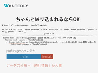 ちゃんと絞り込まれるならOK
$ BoxerProfile.where(gender: ‘female').explain
=> EXPLAIN for: SELECT "boxer_profiles".* FROM "boxer_profiles" WHERE "boxer_profiles"."gender" =
$1 [["gender", "female"]]
QUERY PLAN
-------------------------------------------------------------------------------------------------
Bitmap Heap Scan on boxer_profiles (cost=28.08..114.66 rows=1006 width=25)
Recheck Cond: (gender = 'female'::text)
-> Bitmap Index Scan on index_boxer_profiles_on_gender (cost=0.00..27.83 rows=1006 width=0)
Index Cond: (gender = 'female'::text)
male female
proﬁles.gender の分布
データの分布 = 「統計情報」が大事
 