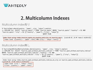 2. Multicolumn Indexes
$ TouristSpot.where(country: 'japan', city: 'tokyo').explain
=> EXPLAIN for: SELECT "tourist_spots".* FROM "tourist_spots" WHERE "tourist_spots"."country" = $1 AND
"tourist_spots"."city" = $2 [["country", "japan"], ["city", "tokyo"]]
QUERY PLAN
--------------------------------------------------------------------------------------------------------------
Index Scan using index_tourist_spots_on_country_and_city on tourist_spots (cost=0.42..8.44 rows=1 width=52)
Index Cond: ((country = 'japan'::text) AND (city = 'tokyo'::text))
Multicolumn index有り
$ TouristSpotWithoutMultipleIndex.where(country: 'japan', city: 'tokyo').explain
=> EXPLAIN for: SELECT "tourist_spot_without_multiple_indices".* FROM "tourist_spot_without_multiple_indices"
WHERE "tourist_spot_without_multiple_indices"."country" = $1 AND
"tourist_spot_without_multiple_indices"."city" = $2 [["country", "japan"], ["city", "tokyo"]]
QUERY PLAN
-------------------------------------------------------------------------------------------------------------
Index Scan using index_tourist_spot_without_multiple_indices_on_city on tourist_spot_without_multiple_indices
(cost=0.42..8.44 rows=1 width=52)
Index Cond: (city = 'tokyo'::text)
Filter: (country = 'japan'::text)
Multicolumn index無し
 