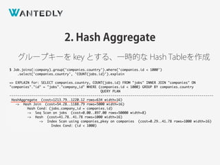 $ Job.joins(:company).group('companies.country').where('companies.id < 1000’)
.select('companies.country', 'COUNT(jobs.id)').explain
=> EXPLAIN for: SELECT companies.country, COUNT(jobs.id) FROM "jobs" INNER JOIN "companies" ON
"companies"."id" = "jobs"."company_id" WHERE (companies.id < 1000) GROUP BY companies.country
QUERY PLAN
-------------------------------------------------------------------------------------------------------
HashAggregate (cost=1213.79..1220.12 rows=634 width=16)
-> Hash Join (cost=54.28..1188.79 rows=5000 width=16)
Hash Cond: (jobs.company_id = companies.id)
-> Seq Scan on jobs (cost=0.00..897.00 rows=50000 width=8)
-> Hash (cost=41.78..41.78 rows=1000 width=16)
-> Index Scan using companies_pkey on companies (cost=0.29..41.78 rows=1000 width=16)
Index Cond: (id < 1000)
2. Hash Aggregate
グループキーを key とする、一時的な Hash Tableを作成
 