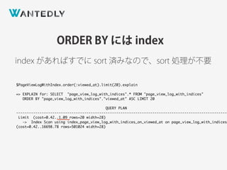 ORDER BY には index
index があればすでに sort 済みなので、sort 処理が不要
$PageViewLogWithIndex.order(:viewed_at).limit(20).explain
=> EXPLAIN for: SELECT "page_view_log_with_indices".* FROM "page_view_log_with_indices"
ORDER BY "page_view_log_with_indices"."viewed_at" ASC LIMIT 20
QUERY PLAN
---------------------------------------------------------------------------------------------------
Limit (cost=0.42..1.09 rows=20 width=28)
-> Index Scan using index_page_view_log_with_indices_on_viewed_at on page_view_log_with_indices
(cost=0.42..16698.78 rows=501024 width=28)
 