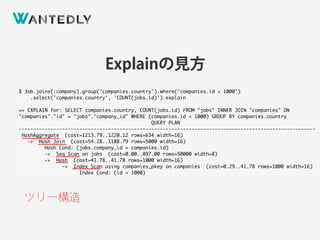 $ Job.joins(:company).group('companies.country').where('companies.id < 1000’)
.select('companies.country', 'COUNT(jobs.id)').explain
=> EXPLAIN for: SELECT companies.country, COUNT(jobs.id) FROM "jobs" INNER JOIN "companies" ON
"companies"."id" = "jobs"."company_id" WHERE (companies.id < 1000) GROUP BY companies.country
QUERY PLAN
-------------------------------------------------------------------------------------------------------
HashAggregate (cost=1213.79..1220.12 rows=634 width=16)
-> Hash Join (cost=54.28..1188.79 rows=5000 width=16)
Hash Cond: (jobs.company_id = companies.id)
-> Seq Scan on jobs (cost=0.00..897.00 rows=50000 width=8)
-> Hash (cost=41.78..41.78 rows=1000 width=16)
-> Index Scan using companies_pkey on companies (cost=0.29..41.78 rows=1000 width=16)
Index Cond: (id < 1000)
ツリー構造
Explainの見方
 