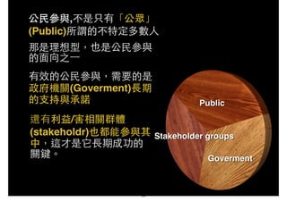 公⺠民參與,不是只有「公眾」
(Public)所謂的不特定多數⼈人
那是理想型，也是公⺠民參與
的⾯面向之⼀一
還有利益/害相關群體
(stakeholdr)也都能參與其
中，這才是它⻑⾧長期成功的
關鍵。
有效的公⺠民參與，需要的是
政府機關(Goverment)⻑⾧長期
的⽀支持與承諾
24
 