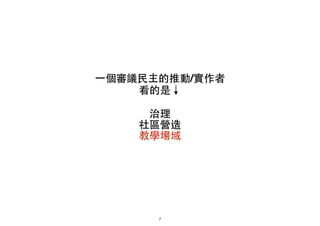 ⼀一個審議⺠民主的推動/實作者!
看的是↓!
!
治理!
社區營造!
教學場域
7
 