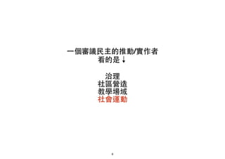 ⼀一個審議⺠民主的推動/實作者!
看的是↓!
!
治理!
社區營造!
教學場域!
社會運動
8
 