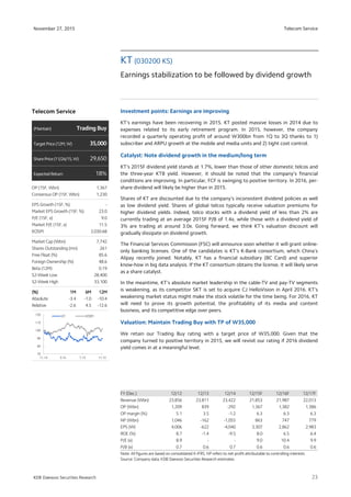 Telecom Service
23
November 27, 2015
KDB Daewoo Securities Research
Investment points: Earnings are improving
KT’s earnings have been recovering in 2015. KT posted massive losses in 2014 due to
expenses related to its early retirement program. In 2015, however, the company
recorded a quarterly operating profit of around W300bn from 1Q to 3Q thanks to 1)
subscriber and ARPU growth at the mobile and media units and 2) tight cost control.
Catalyst: Note dividend growth in the medium/long term
KT’s 2015F dividend yield stands at 1.7%, lower than those of other domestic telcos and
the three-year KTB yield. However, it should be noted that the company’s financial
conditions are improving. In particular, FCF is swinging to positive territory. In 2016, per-
share dividend will likely be higher than in 2015.
Shares of KT are discounted due to the company‘s inconsistent dividend policies as well
as low dividend yield. Shares of global telcos typically receive valuation premiums for
higher dividend yields. Indeed, telco stocks with a dividend yield of less than 2% are
currently trading at an average 2015F P/B of 1.4x, while those with a dividend yield of
3% are trading at around 3.0x. Going forward, we think KT’s valuation discount will
gradually dissipate on dividend growth.
The Financial Services Commission (FSC) will announce soon whether it will grant online-
only banking licenses. One of the candidates is KT’s K-Bank consortium, which China’s
Alipay recently joined. Notably, KT has a financial subsidiary (BC Card) and superior
know-how in big data analysis. If the KT consortium obtains the license, it will likely serve
as a share catalyst.
In the meantime, KT’s absolute market leadership in the cable-TV and pay-TV segments
is weakening, as its competitor SKT is set to acquire CJ HelloVision in April 2016. KT’s
weakening market status might make the stock volatile for the time being. For 2016, KT
will need to prove its growth potential, the profitability of its media and content
business, and its competitive edge over peers.
Valuation: Maintain Trading Buy with TP of W35,000
We retain our Trading Buy rating with a target price of W35,000. Given that the
company turned to positive territory in 2015, we will revisit our rating if 2016 dividend
yield comes in at a meaningful level.
KT (030200 KS)
Earnings stabilization to be followed by dividend growth
FY (Dec.) 12/12 12/13 12/14 12/15F 12/16F 12/17F
Revenue (Wbn) 23,856 23,811 23,422 21,853 21,987 22,013
OP (Wbn) 1,209 839 -292 1,367 1,382 1,386
OP margin (%) 5.1 3.5 -1.2 6.3 6.3 6.3
NP (Wbn) 1,046 -162 -1,055 863 747 779
EPS (W) 4,006 -622 -4,040 3,307 2,862 2,983
ROE (%) 8.7 -1.4 -9.5 8.0 6.5 6.4
P/E (x) 8.9 - - 9.0 10.4 9.9
P/B (x) 0.7 0.6 0.7 0.6 0.6 0.6
Note: All figures are based on consolidated K-IFRS; NP refers to net profit attributable to controlling interests
Source: Company data, KDB Daewoo Securities Research estimates
Telecom Service
(Maintain) Trading Buy
Target Price(12M,W) 35,000
SharePrice(11/26/15,W) 29,650
ExpectedReturn 18%
OP (15F, Wbn) 1,367
Consensus OP (15F, Wbn) 1,230
EPS Growth (15F, %) -
Market EPS Growth (15F, %) 23.0
P/E (15F, x) 9.0
Market P/E (15F, x) 11.5
KOSPI 2,030.68
Market Cap (Wbn) 7,742
Shares Outstanding (mn) 261
Free Float (%) 85.6
Foreign Ownership (%) 48.6
Beta (12M) 0.19
52-Week Low 28,400
52-Week High 33,100
(%)(%)(%)(%) 1M1M1M1M 6M6M6M6M 12M12M12M12M
Absolute -3.4 -1.0 -10.4
Relative -2.6 4.5 -12.6
70
80
90
100
110
120
11.14 3.15 7.15 11.15
KT KOSPI
 