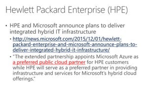 http://news.microsoft.com/2015/12/01/hewlett-
packard-enterprise-and-microsoft-announce-plans-to-
deliver-integrated-hybrid-it-infrastructure/
a preferred public cloud partner
 