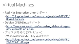 http://blogs.technet.com/b/mssvrpmj/archive/2015/11/
09/red-hat.aspx
https://azure.microsoft.com/en-us/blog/debian-images-
now-available-on-azure/
http://blogs.technet.com/b/mssvrpmj/archive/2015/11/
24/2015-11-18.aspx
 