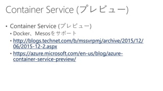 http://blogs.technet.com/b/mssvrpmj/archive/2015/12/
06/2015-12-2.aspx
https://azure.microsoft.com/en-us/blog/azure-
container-service-preview/
 
