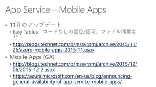 http://blogs.technet.com/b/mssvrpmj/archive/2015/11/
26/azure-mobile-apps-2015-11.aspx
http://blogs.technet.com/b/mssvrpmj/archive/2015/12/
06/2015-12-2.aspx
https://azure.microsoft.com/en-us/blog/announcing-
general-availability-of-app-service-mobile-apps/
 