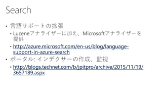 http://azure.microsoft.com/en-us/blog/language-
support-in-azure-search
http://blogs.technet.com/b/jpitpro/archive/2015/11/19/
3657189.aspx
 