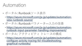 https://azure.microsoft.com/ja-jp/updates/automation-
view-runbook-source/
https://azure.microsoft.com/ja-jp/updates/automation-
runbook-input-parameter-handling-improvement/
https://azure.microsoft.com/ja-jp/updates/automation-
configure-activity-tracing-for-troubleshooting-
graphical-runbooks/
 