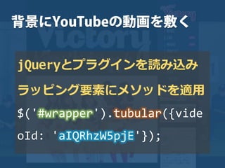 jQueryとプラグインを読み込み
ラッピング要素にメソッドを適用
$('#wrapper').tubular({vide
oId: 'aIQRhzW5pjE'});
 