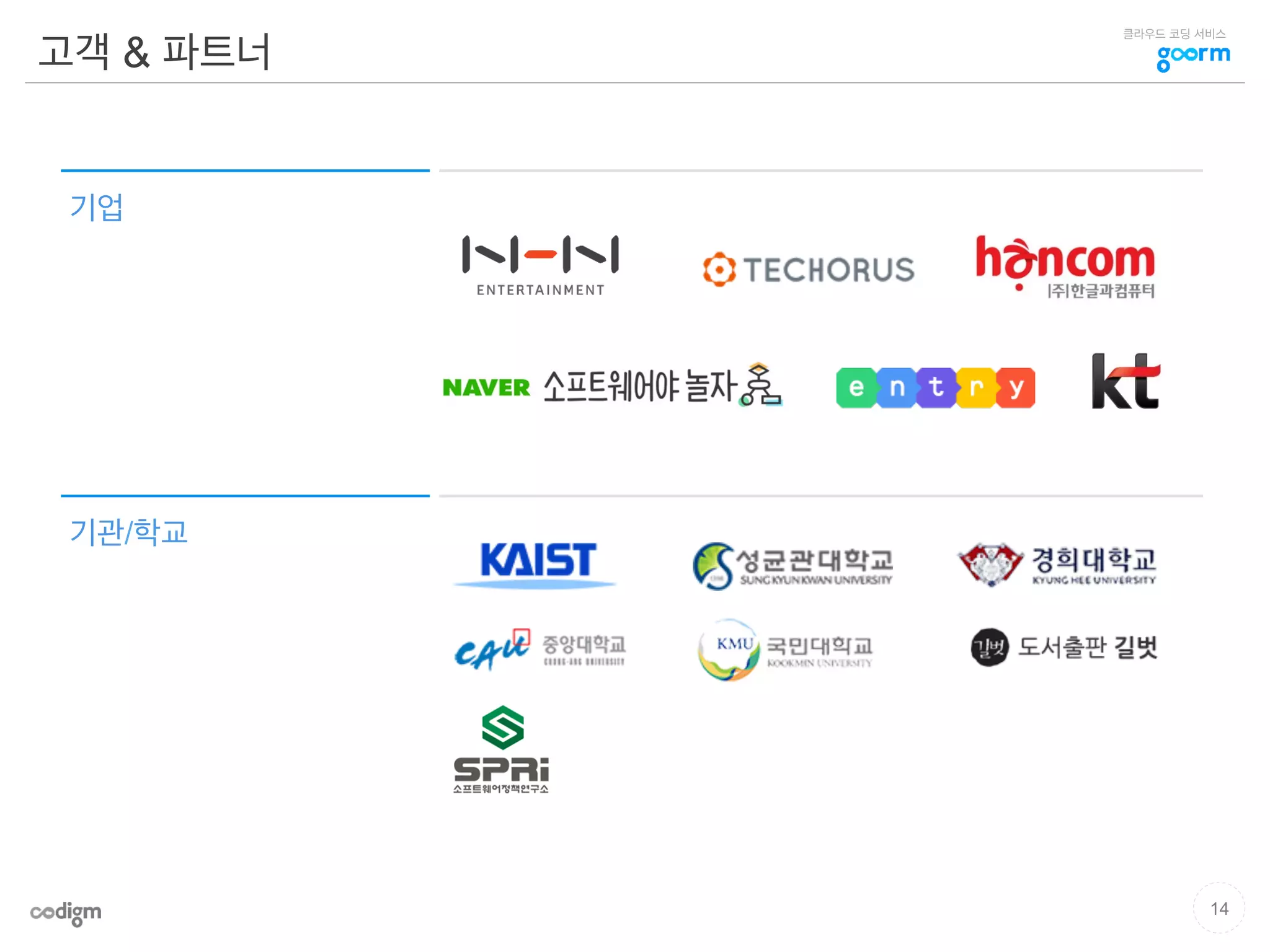 클라우드 코딩 서비스
기업
기관/학교
고객 & 파트너
14
 