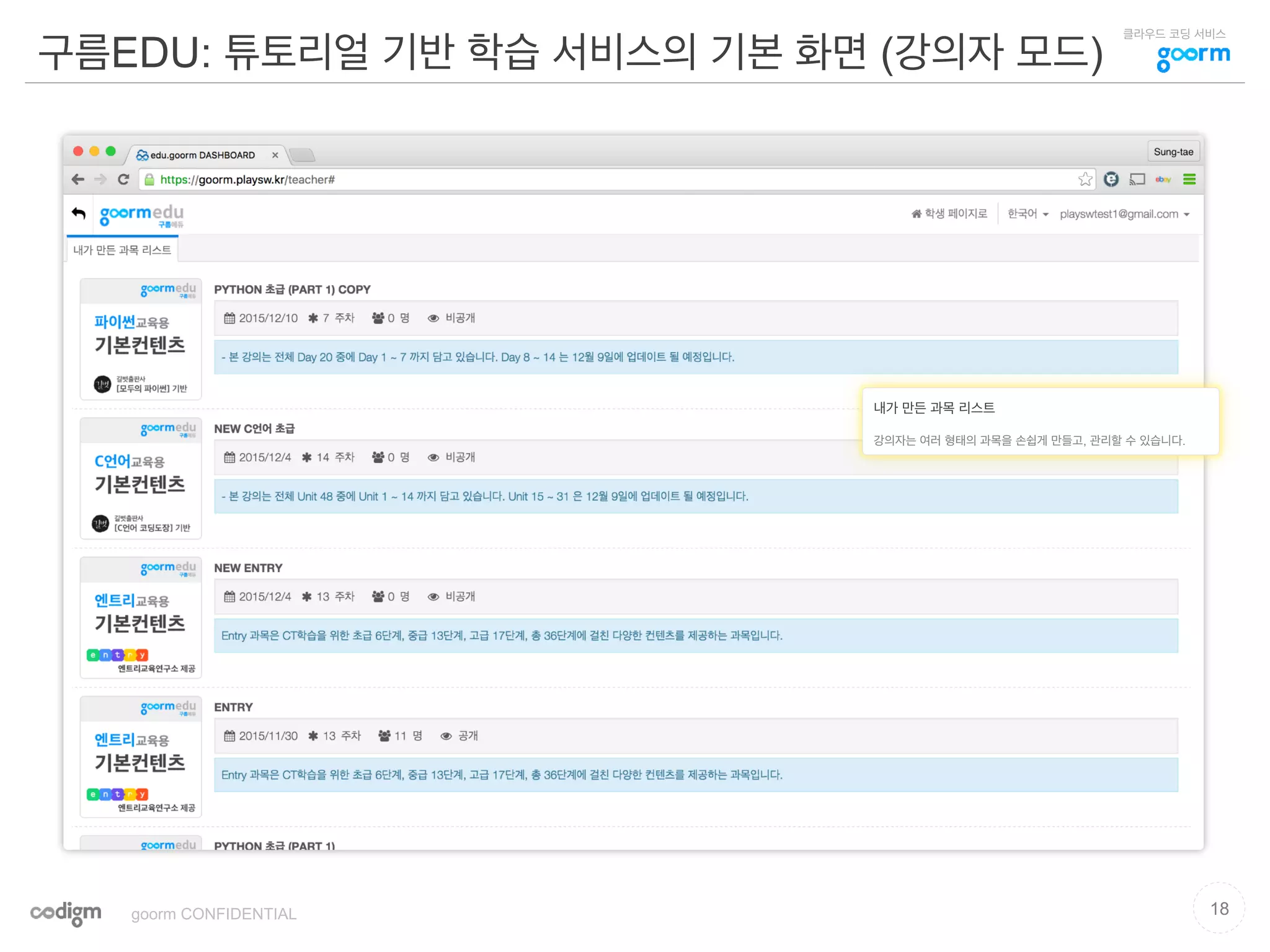 클라우드 코딩 서비스
구름EDU: 튜토리얼 기반 학습 서비스의 기본 화면 (강의자 모드)
18goorm CONFIDENTIAL
내가 만든 과목 리스트
강의자는 여러 형태의 과목을 손쉽게 만들고, 관리할 수 있습니다.
 