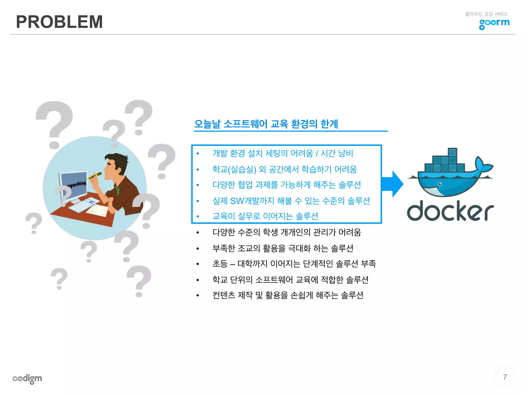 클라우드 코딩 서비스
PROBLEM
•  개발 환경 설치 세팅의 어려움 / 시간 낭비
•  학교(실습실) 외 공간에서 학습하기 어려움
•  다양한 협업 과제를 가능하게 해주는 솔루션
•  실제 SW개발까지 해볼 수 있는 수준의 솔루션
•  교육이 실무로 이어지는 솔루션
•  다양한 수준의 학생 개개인의 관리가 어려움
•  부족한 조교의 활용을 극대화 하는 솔루션
•  초등 – 대학까지 이어지는 단계적인 솔루션 부족
•  학교 단위의 소프트웨어 교육에 적합한 솔루션
•  컨텐츠 제작 및 활용을 손쉽게 해주는 솔루션
오늘날 소프트웨어 교육 환경의 한계
7
 