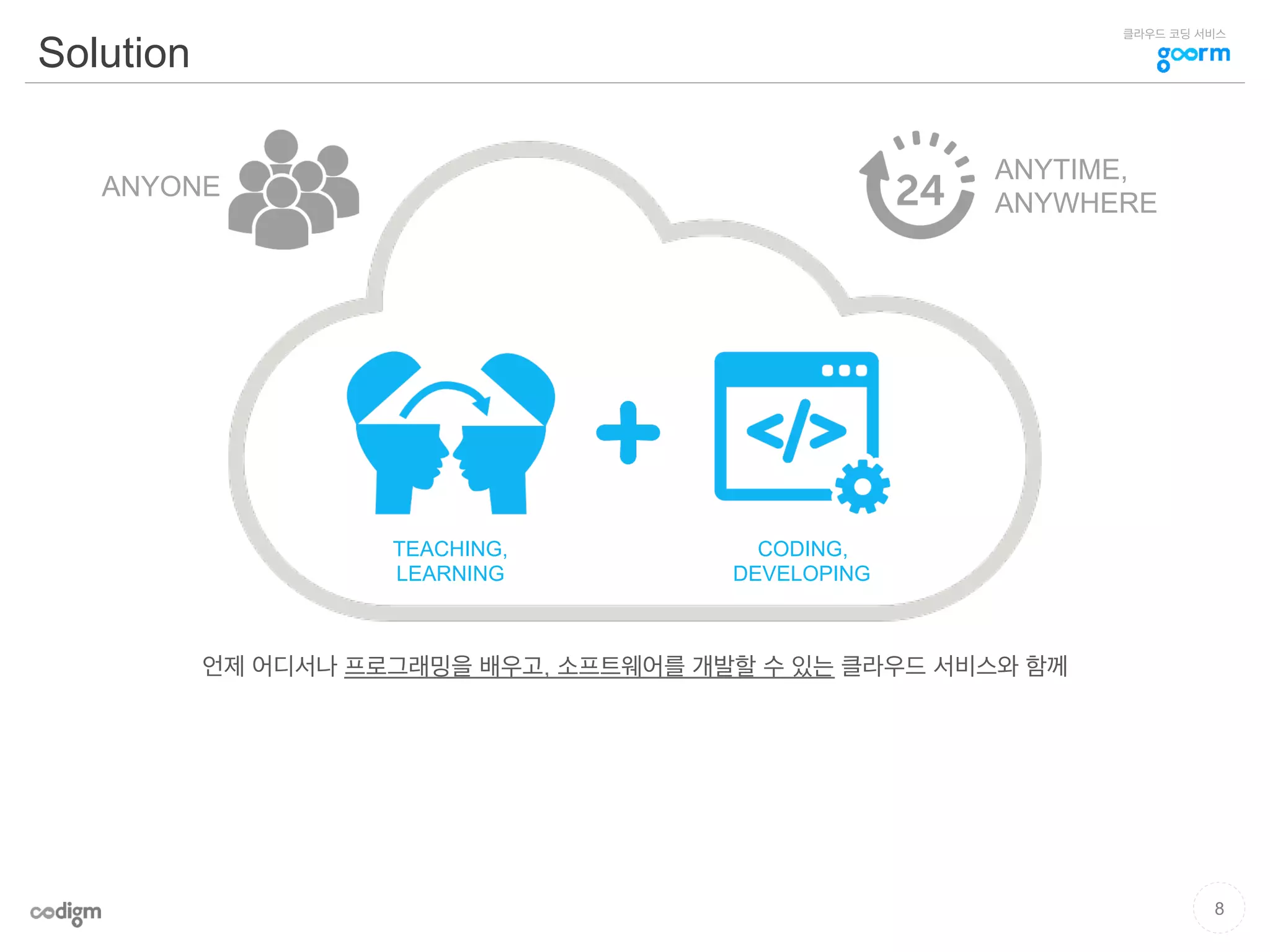 클라우드 코딩 서비스
Solution
언제 어디서나 프로그래밍을 배우고, 소프트웨어를 개발할 수 있는 클라우드 서비스와 함께
TEACHING,
LEARNING
CODING,
DEVELOPING
ANYTIME,
ANYWHERE
ANYONE
8
 