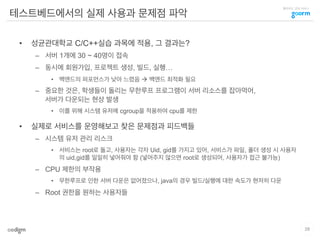 클라우드 코딩 서비스
테스트베드에서의 실제 사용과 문제점 파악
•  성균관대학교 C/C++실습 과목에 적용, 그 결과는?
–  서버 1개에 30 ~ 40명이 접속
–  동시에 회원가입, 프로젝트 생성, 빌드, 실행…
•  백엔드의 퍼포먼스가 낮아 느렸음 à 백엔드 최적화 필요
–  중요한 것은, 학생들이 돌리는 무한루프 프로그램이 서버 리소스를 잡아먹어,
서버가 다운되는 현상 발생
•  이를 위해 시스템 유저에 cgroup을 적용하여 cpu를 제한
•  실제로 서비스를 운영해보고 찾은 문제점과 피드백들
–  시스템 유저 관리 리스크
•  서비스는 root로 돌고, 사용자는 각자 Uid, gid를 가지고 있어, 서비스가 파일, 폴더 생성 시 사용자
의 uid,gid를 일일히 넣어줘야 함 (넣어주지 않으면 root로 생성되어, 사용자가 접근 불가능)
–  CPU 제한의 부작용
•  무한루프로 인한 서버 다운은 없어졌으나, java의 경우 빌드/실행에 대한 속도가 현저히 다운
–  Root 권한을 원하는 사용자들
29
 