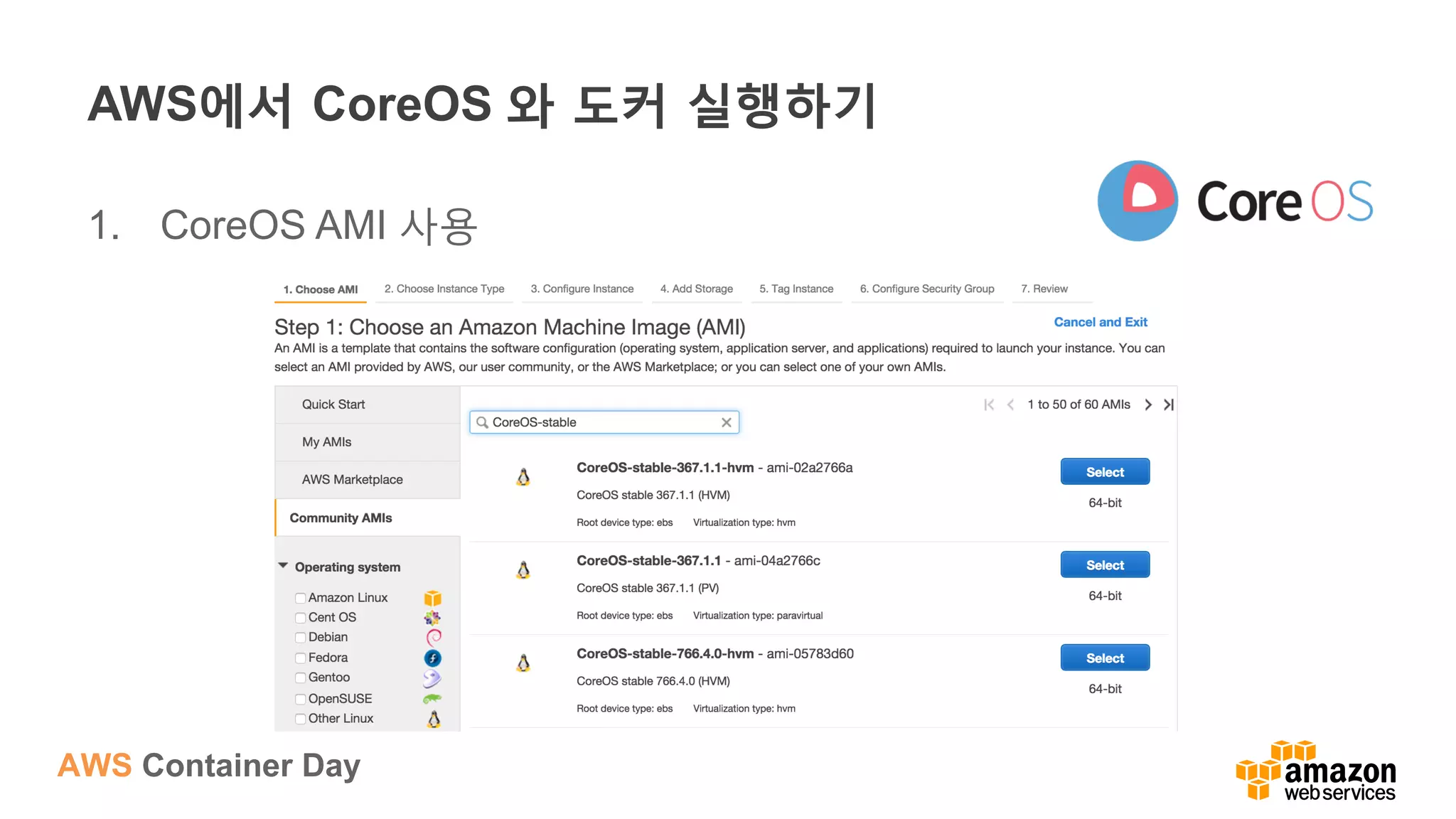 AWS Container Day
AWS에서 CoreOS 와 도커 실행하기
1.  CoreOS AMI 사용
 