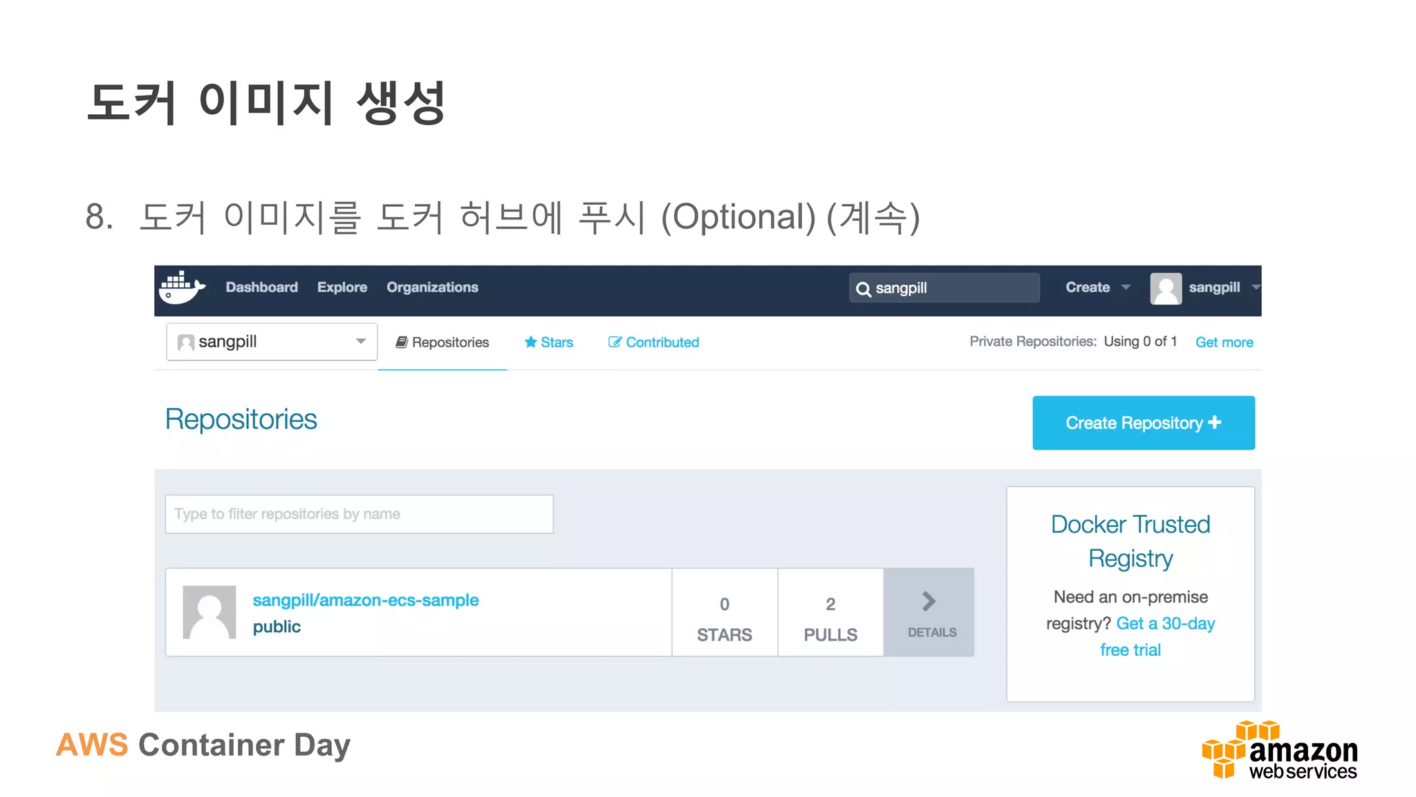AWS Container Day
도커 이미지 생성
8.  도커 이미지를 도커 허브에 푸시 (Optional) (계속)
 