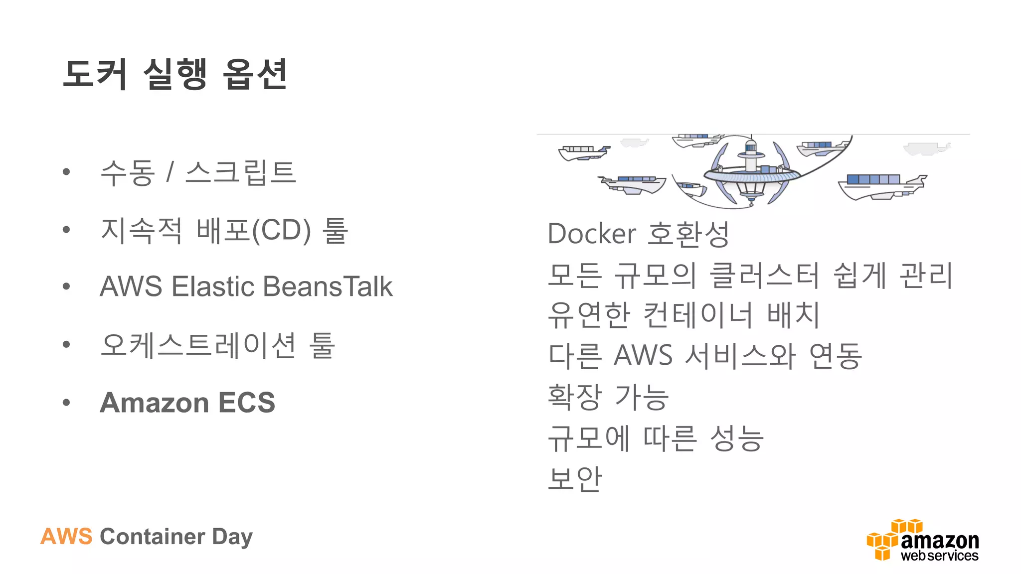 AWS Container Day
도커 실행 옵션
•  수동 / 스크립트
•  지속적 배포(CD) 툴
•  AWS Elastic BeansTalk
•  오케스트레이션 툴
•  Amazon ECS
Docker 호환성
모든 규모의 클러스터 쉽게 관리
유연한 컨테이너 배치
다른 AWS 서비스와 연동
확장 가능
규모에 따른 성능
보안
 