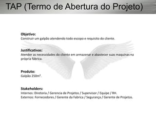 Objetivo:
Construir um galpão atendendo todo escopo e requisito do cliente.
Justificativas:
Atender as necessidades do cliente em armazenar e abastecer suas maquinas na
própria fábrica.
Produto:
Galpão 250m².
Stakeholders:
Internos: Diretoria / Gerencia de Projetos / Supervisor / Equipe / RH.
Externos: Fornecedores / Gerente da Fabrica / Segurança / Gerente de Projetos.
TAP (Termo de Abertura do Projeto)
 