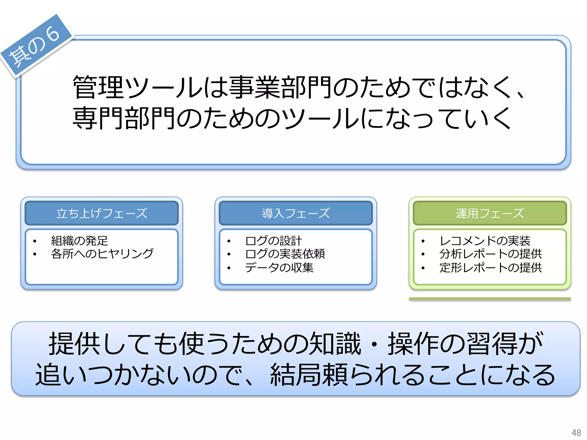管理ツールは事業部⾨のためではなく、
専⾨部⾨のためのツールになっていく
⽴ち上げフェーズ
•  組織の発⾜
•  各所へのヒヤリング
運⽤フェーズ
•  レコメンドの実装
•  分析レポートの提供
•  定形レポートの提供
導⼊フェーズ
•  ログの設計
•  ログの実装依頼
•  データの収集
提供しても使うための知識・操作の習得が
追いつかないので、結局頼られることになる
48	
 