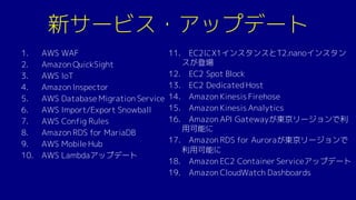 新サービス・アップデート
1. AWS WAF
2. Amazon QuickSight
3. AWS IoT
4. Amazon Inspector
5. AWS Database Migration Service
6. AWS Import/Export Snowball
7. AWS Config Rules
8. Amazon RDS for MariaDB
9. AWS Mobile Hub
10. AWS Lambdaアップデート
11. EC2にX1インスタンスとT2.nanoインスタン
スが登場
12. EC2 Spot Block
13. EC2 Dedicated Host
14. Amazon Kinesis Firehose
15. Amazon Kinesis Analytics
16. Amazon API Gatewayが東京リージョンで利
用可能に
17. Amazon RDS for Auroraが東京リージョンで
利用可能に
18. Amazon EC2 Container Serviceアップデート
19. Amazon CloudWatch Dashboards
 