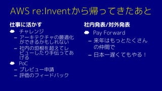 AWS re:Inventから帰ってきたあと
仕事に活かす
☁ チャレンジ
– アーキテクチャの最適化
ができるかもしれない
– 社内の垣根を超えてレ
ビューしたり手伝ってあ
げる
☁ PoC
– プレビュー申請
– 評価のフィードバック
社内発表/対外発表
☁ Pay Forward
– 来年はもっとたくさん
の仲間で
– 日本一遅くてもやる！
 