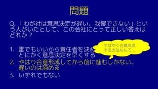 問題
Q. 「わが社は意思決定が遅い、我慢できない」とい
う人がいたとして、この会社にとって正しい答えは
どれか？
1. 誰でもいいから責任者を決めて、
とにかく意思決定を早くする
2. やはり合意形成してから前に進むしかない、
遅いのは諦める
3. いずれでもない
すばやく合意形成
する方法なんて…
 