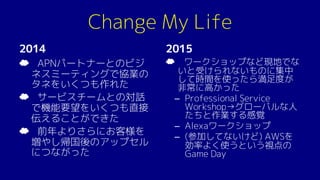 Change My Life
2014
☁ APNパートナーとのビジ
ネスミーティングで協業の
タネをいくつも作れた
☁ サービスチームとの対話
で機能要望をいくつも直接
伝えることができた
☁ 前年よりさらにお客様を
増やし帰国後のアップセル
につながった
2015
☁ ワークショップなど現地でな
いと受けられないものに集中
して時間を使ったら満足度が
非常に高かった
– Professional Service
Workshop→グローバルな人
たちと作業する感覚
– Alexaワークショップ
– (参加してないけど) AWSを
効率よく使うという視点の
Game Day
 