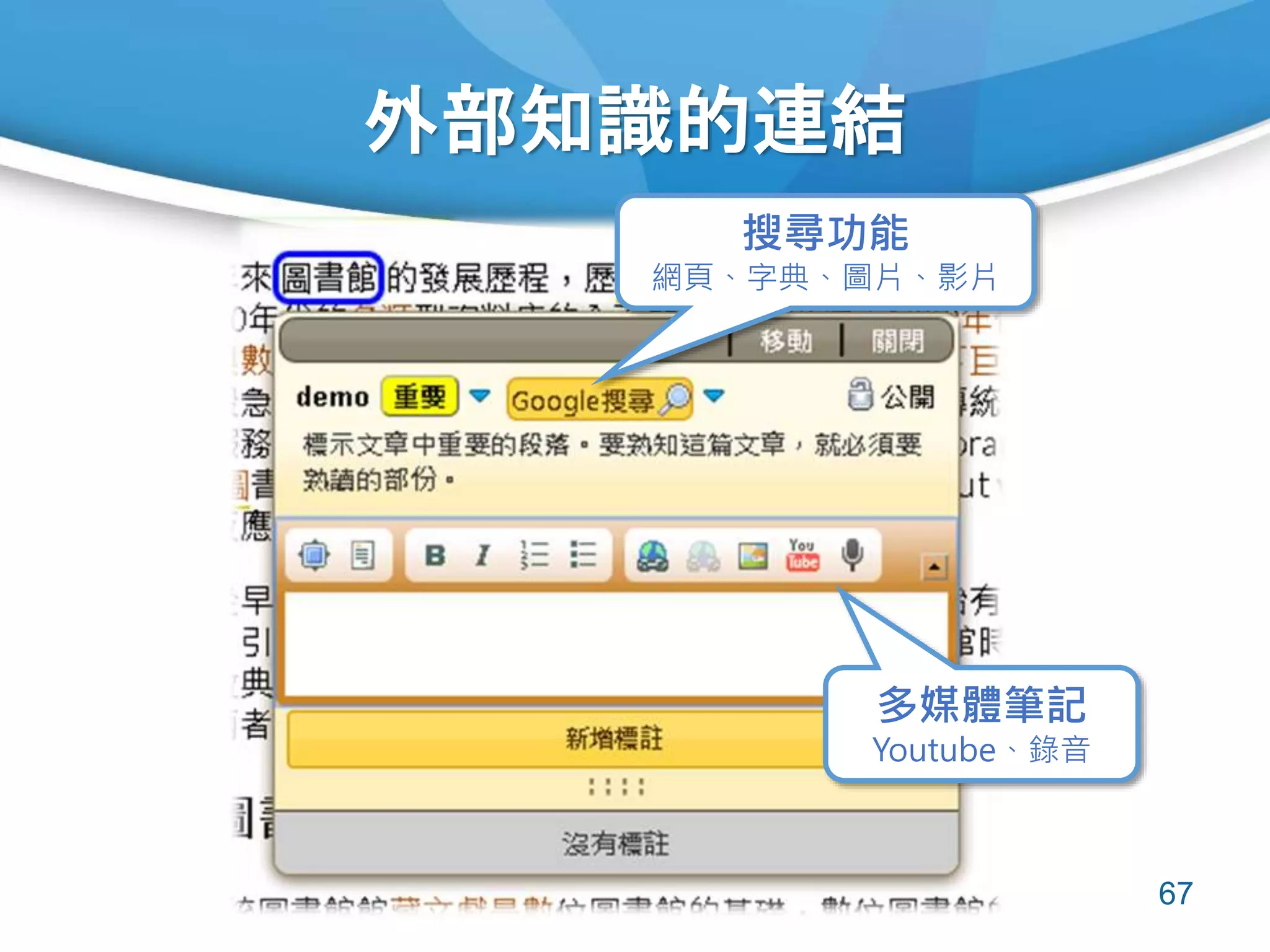 外部知識的連結
67
搜尋功能
網頁、字典、圖片、影片
多媒體筆記
Youtube、錄音
 