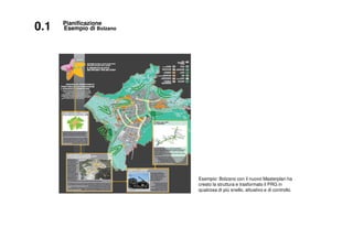 Esempio: Bolzano con il nuovo Masterplan ha
creato la struttura e trasformato il PRG in
qualcosa di più snello, attuativo e di controllo.
0.1 Esempio di Bolzano
Pianificazione
 