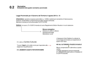 0.2 Evoluzione del quadro normativo provinciale
Normativa
Legge Provinciale per il Governo del Territorio 4 agosto 2015 n. 15
Urbanistica: operativa recepisce parte della l.p. 1/2008 e sottolinea le tematiche di Valorizzazione,
Gestione, Sostenibilità e programmazione dello sviluppo territoriale.
Mantiene invariata la forma piramidale PUP/PTC/PRG
Edilizia: la nuova L.P.n15/2015 rimanda al nuovo Regolamento Edilizio Attuativo in via di redazione.
Bonus energetico
Distanze tra edifici e altezze
Standard parcheggi
Modulistica nuova
E’ in atto un Cambio Culturale
Trovare l’input a di la delle norme per rispondere alle
esigenze di riqualificazione
E’ IL MOMENTO GIUSTO PER INTERVENIRE
L’Assessore Carlo Daldoss ha radicato la
nuova legge provinciale sul recepimento di
questi nuovi input.
NO ALL’ULTERIORE UTILIZZO DI SUOLO
Misure compensative in alternativa a questo
campo
La legge appoggia le forme di protocollo.
E’ IL MOMENTO DI AMPLIARE LE POSSIBILITA’
DI CERTIFICAZIONE
 