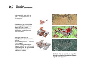 Confronto fra la quantità di superficie
edificata nella seconda metà dell’ottocento
e quella contemporanea
Centro storico (1860) dove la
città e la campagna hanno un
limite distinto
L’espansione del dopoguerra è
avvenuta per lottizzazioni e per
aggiunte di pezzi tra loro
indipendenti, creando vuoti e
spazi inutili, uno spreco molto
alto del territorio
Nel futuro le tecniche di
riqualificazione dovranno essere
diverse:
blocco dell’espansione e interventi
«soft», leggeri.
lavorare con tecniche raffinate
(agopuntura) all’interno del tessuto
urbano esistente, per riqualificare e
recuperare le risorse e le
opportunità presenti.
0.2 Effetti della pianificazione
Normativa
 