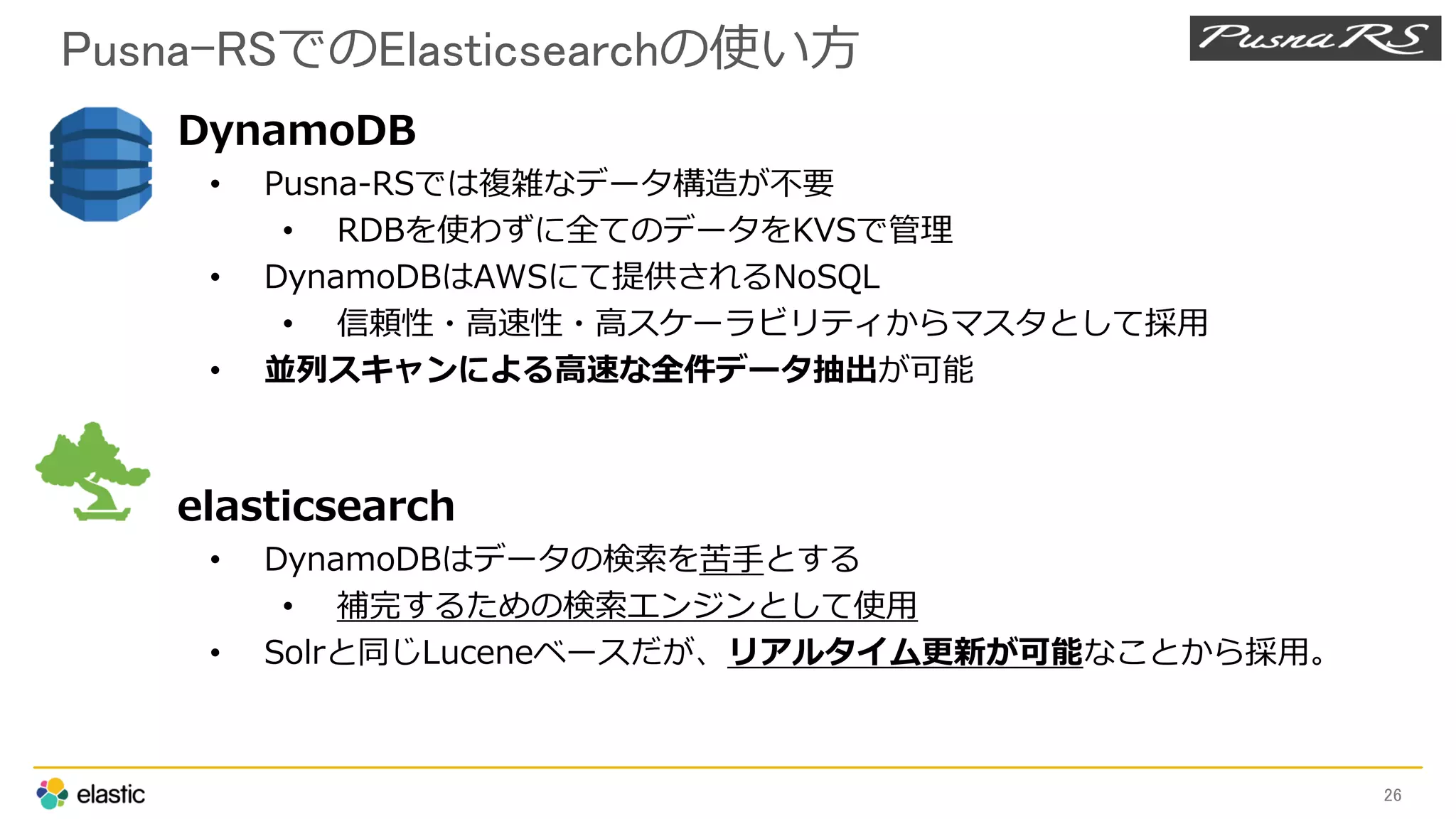 Pusna-RSでのElasticsearchの使い方
26
DynamoDB
• Pusna-RSでは複雑なデータ構造が不要
• RDBを使わずに全てのデータをKVSで管理
• DynamoDBはAWSにて提供されるNoSQL
• 信頼性・高速性・高スケーラビリティからマスタとして採用
• 並列スキャンによる高速な全件データ抽出が可能
elasticsearch
• DynamoDBはデータの検索を苦手とする
• 補完するための検索エンジンとして使用
• Solrと同じLuceneベースだが、リアルタイム更新が可能なことから採用。
 
