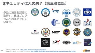 セキュリティは大丈夫？（第三者認証）
多数の第三者認証の
取得や、保証プログ
ラムへの準拠をして
います。
AWSコンプライアンス http://aws.amazon.com/jp/compliance/
AWSのセキュリティとコンプライアンス http://www.slideshare.net/AmazonWebServicesJapan/aws-23722701
13
 