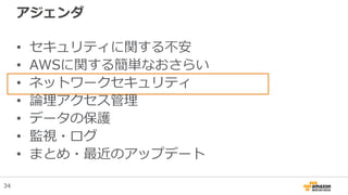 アジェンダ
• セキュリティに関する不安
• AWSに関する簡単なおさらい
• ネットワークセキュリティ
• 論理アクセス管理
• データの保護
• 監視・ログ
• まとめ・最近のアップデート
34
 