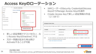 Access Keyのローテーション
 IAMユーザーのSecurity CredentialのAccess
KeysからManage Access Keysを選択
 Create Access Keyで新しい認証情報の作成
（２つまで）
 新しい認証情報でテストを行い、古
いAccess KeyはInactiveにする
 万が一問題が起きた時は再び
Activateすることが可能
認証情報の更新
http://docs.aws.amazon.com/ja_jp/IAM/latest/UserGuide/Using_RotatingCredentials.html58
 