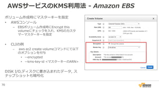 AWSサービスのKMS利用法 - Amazon EBS
ボリューム作成時にマスターキーを指定
• AWSコンソール
– EBSボリューム作成時にEncrypt this
volumeにチェックを入れ、KMSのカスタ
マーマスターキーを指定
• CLIの例
– aws ec2 create-volumeコマンドにて以下
のオプションを付与
• --encrypted
• --kms-key-id <マスターキーのARN>
DISK I/O,ディスクに書き込まれたデータ, ス
ナップショットも暗号化
70
 