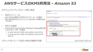 AWSサービスのKMS利用法 - Amazon S3
オブジェクトアップロード時に指定
• AWSコンソール
– Set Details画面でKMSのマスターキーを選択
– 既に保存済みのオブジェクトはKMSでの暗号化は
できない
• APIでの指定
– Put/Post/Copy/Initiate Multipart Upload実行時
に以下のヘッダーを指定
• x-amz-server-side​-encryption:aws:kms
• x-amz-server-side-encryption-aws-kms-
key-id
バケットポリシーでSSE-KMSの強制が可能
71
 