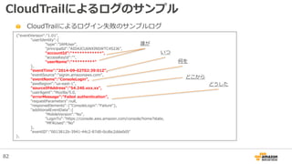 CloudTrailによるログのサンプル
{"eventVersion":"1.01",
"userIdentity":{
"type":"IAMUser",
"principalId":"AIDAJCU6NXINSWTC4S2J6",
“accountId”:“************",
"accessKeyId":"",
“userName”:“*********“
},
"eventTime":"2014-09-02T02:39:01Z",
"eventSource":"signin.amazonaws.com",
"eventName":"ConsoleLogin",
"awsRegion":"us-east-1",
"sourceIPAddress":"54.240.xxx.xx",
"userAgent":"Mozilla/5.0,
"errorMessage":"Failed authentication",
"requestParameters":null,
"responseElements":{"ConsoleLogin":"Failure"},
"additionalEventData":{
"MobileVersion":"No",
"LoginTo":"https://console.aws.amazon.com/console/home?state,
"MFAUsed":"No“
},
"eventID":"0013812b-3941-44c2-87d0-0cdbc2dde0d5“
},
誰が
いつ
どこから
何を
どうした
CloudTrailによるログイン失敗のサンプルログ
82
 