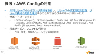 参考：AWS Configの利用
• AWSリソースのレポジトリ情報を取得し、リソースの設定履歴を監査、リ
ソース構成の変更を通知することができるフルマネージドサービス
• サポートリージョン：
• US West (Oregon), US West (Northern California) , US East (N.Virginia), EU
(Ireland), EU (Frankfurt), Asia Pacific (Sydney) ,Asia Pacific (Tokyo), Asia
Pacific (Singapore) , South America (Brazil)
• 対象サービス、2015年12月時点
• 作成・変更・削除オペレーション情報の取得
Amazon EC2
Instance, ENI...
Amazon EBS
Volumes
AWS CloudTrailAmazon VPC
VPC, Subnet...
87
 
