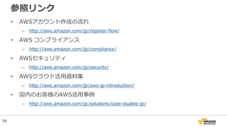 参照リンク
• AWSアカウント作成の流れ
– http://aws.amazon.com/jp/register-flow/
• AWS コンプライアンス
– http://aws.amazon.com/jp/compliance/
• AWSセキュリティ
– http://aws.amazon.com/jp/security/
• AWSクラウド活用資料集
– http://aws.amazon.com/jp/aws-jp-introduction/
• 国内のお客様のAWS活用事例
– http://aws.amazon.com/jp/solutions/case-studies-jp/
98
 