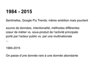 1984 - 2015
Sentinelles, Google Flu Trends: même ambition mais pourtant
source de données, intentionalité, méthodes différentes
coeur de métier vs. sous-produit de l’activité principale
porté par l’acteur public vs. par une multinationale
...
1984-2015
On passe d’une donnée rare à une donnée abondante
 