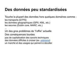Des données peu standardisées
Touche la plupart des données hors quelques domaines comme :
les transports (GTFS)
les données géographiques (GPX, KML, etc.)
les oeuvres (Dublin core, MARC, etc.)
...
Un des gros problèmes de “l’offre” actuelle
Des conséquences lourdes
pas de capitalisation des savoirs techniques
des données difficiles à croiser (ex. prénoms)
un marché et des usages qui peinent à décoller
 