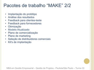 Pacotes de trabalho “MAKE” 2/2
•  Implantação do protótipo
•  Análise dos resultados
•  Feedback para clientes-teste
•  Feedback para fornecedores
•  Otimização
•  Modelo Atualizado
•  Plano de comercialização
•  Plano de marketing
•  Seleção de distribuidores comerciais
•  Kit's de implantação
MBA em Gestão Empresarial – Gestão de Projetos - Paulista/São Paulo – Turma 33
 